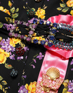 Black Purple Crystal Brooch Silk Midi Dress