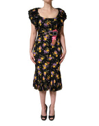 Black Purple Crystal Brooch Silk Midi Dress