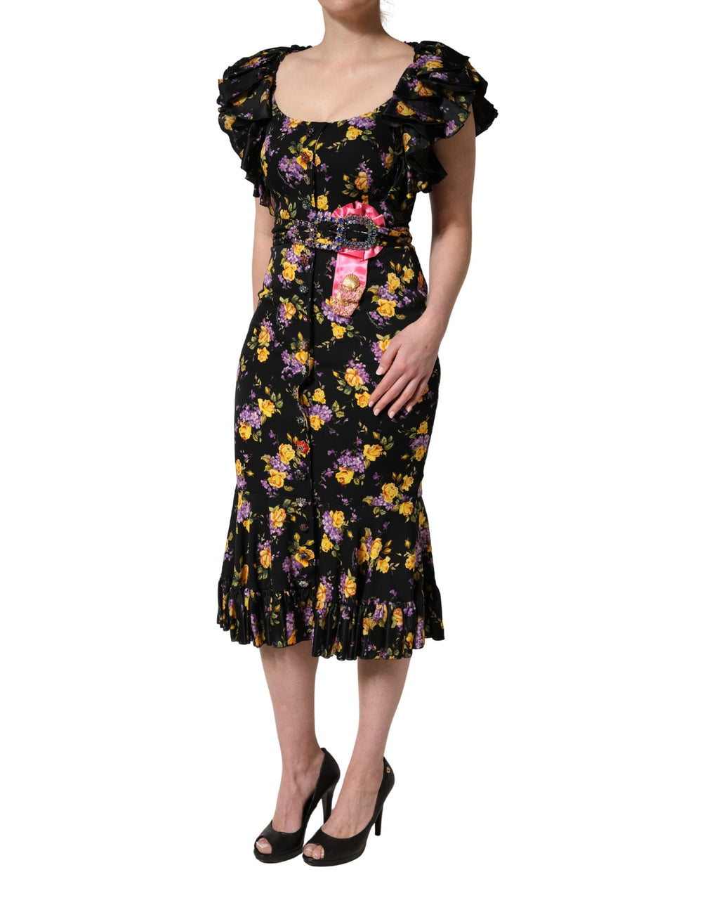 Black Purple Crystal Brooch Silk Midi Dress
