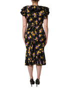 Black Purple Crystal Brooch Silk Midi Dress