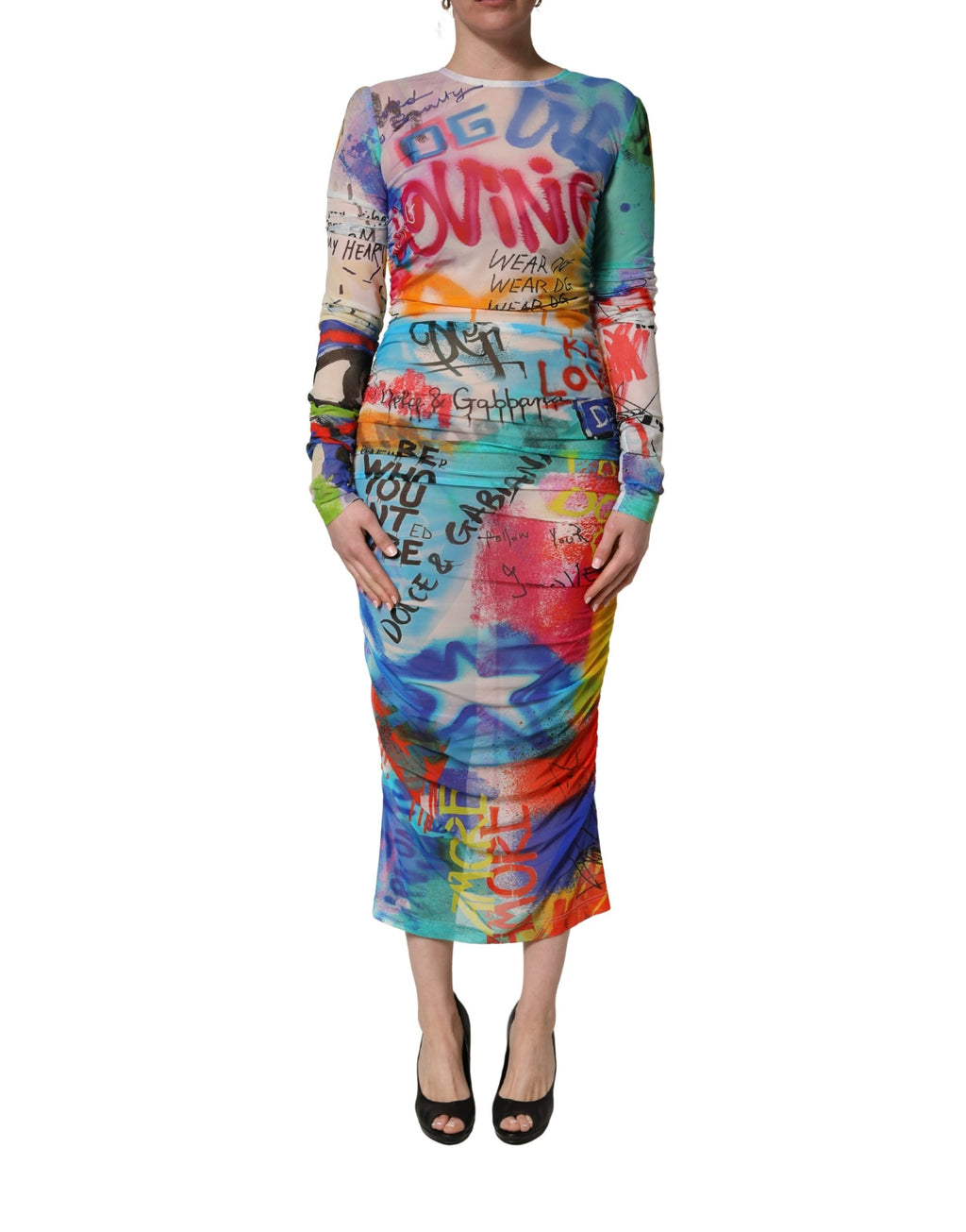 Multicolor Graffiti Print Tulle Sheath Midi Dress