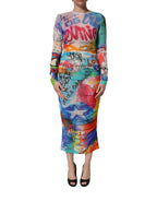 Multicolor Graffiti Print Tulle Sheath Midi Dress