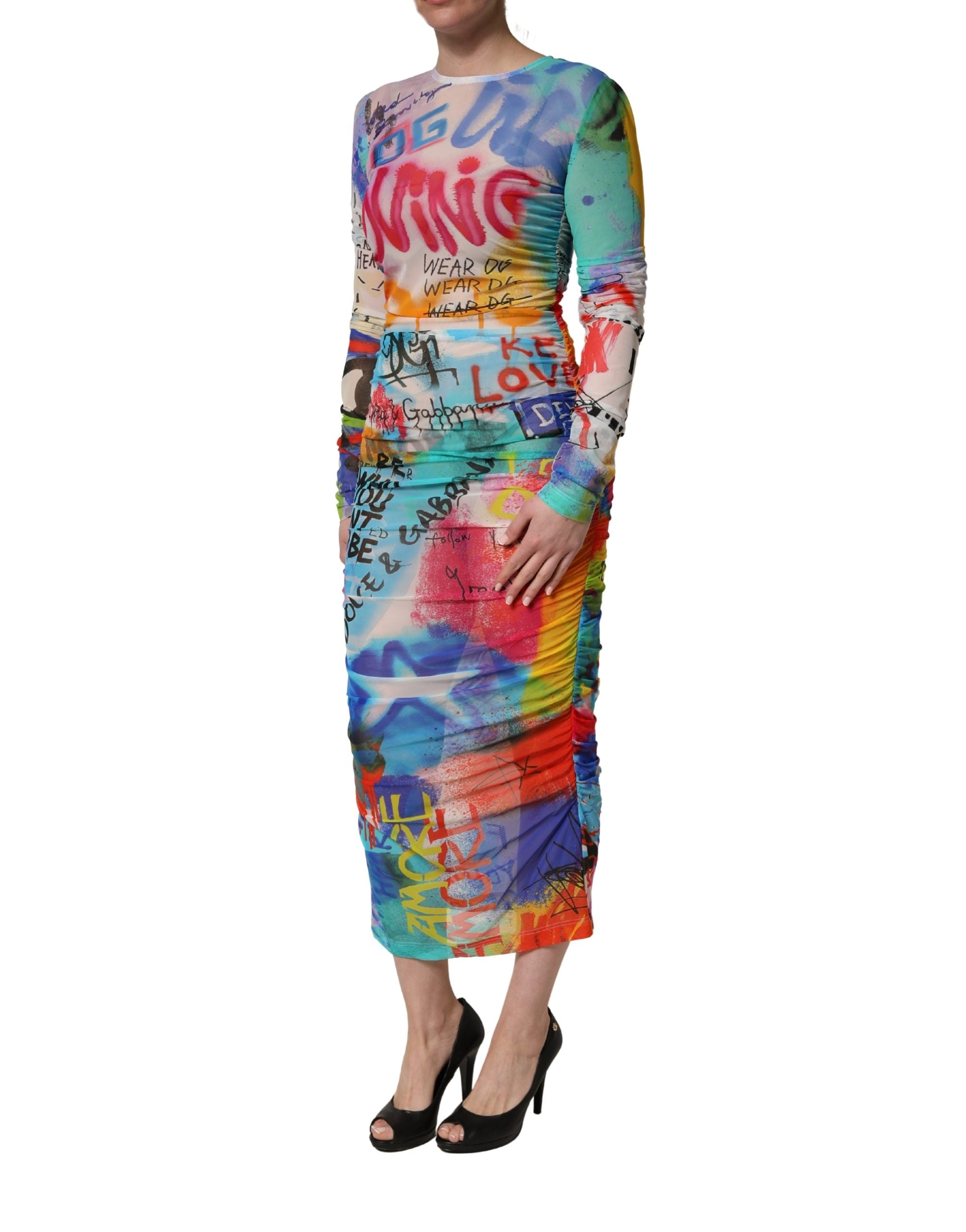 Multicolor Graffiti Print Tulle Sheath Midi Dress