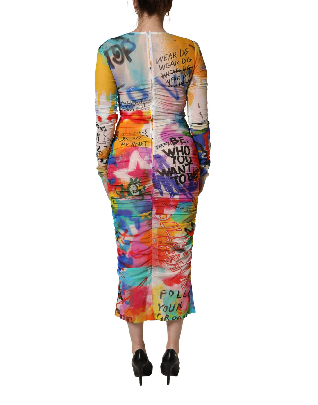 Multicolor Graffiti Print Tulle Sheath Midi Dress
