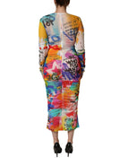Multicolor Graffiti Print Tulle Sheath Midi Dress