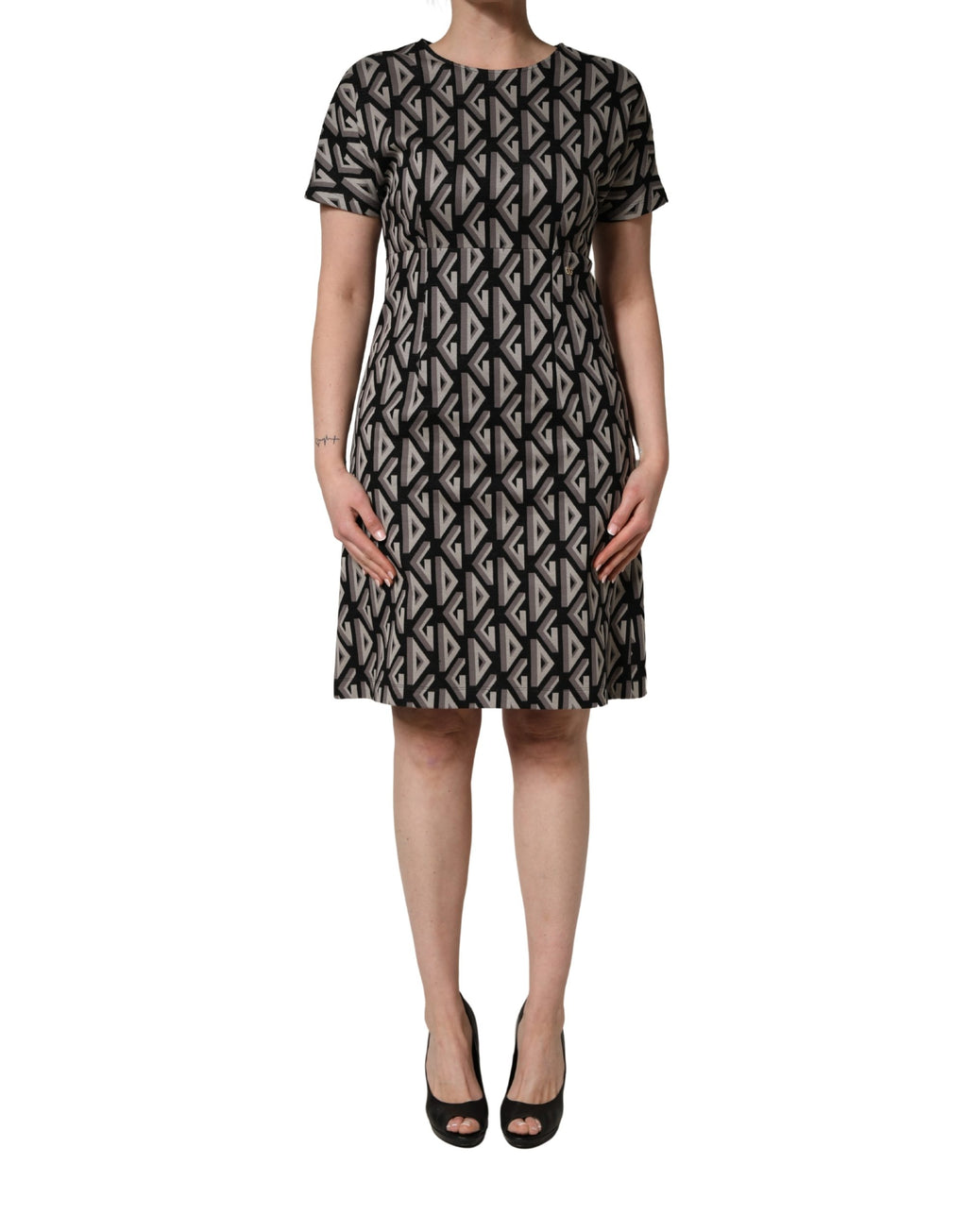 Black Logo Print Cotton Knee Length Dress