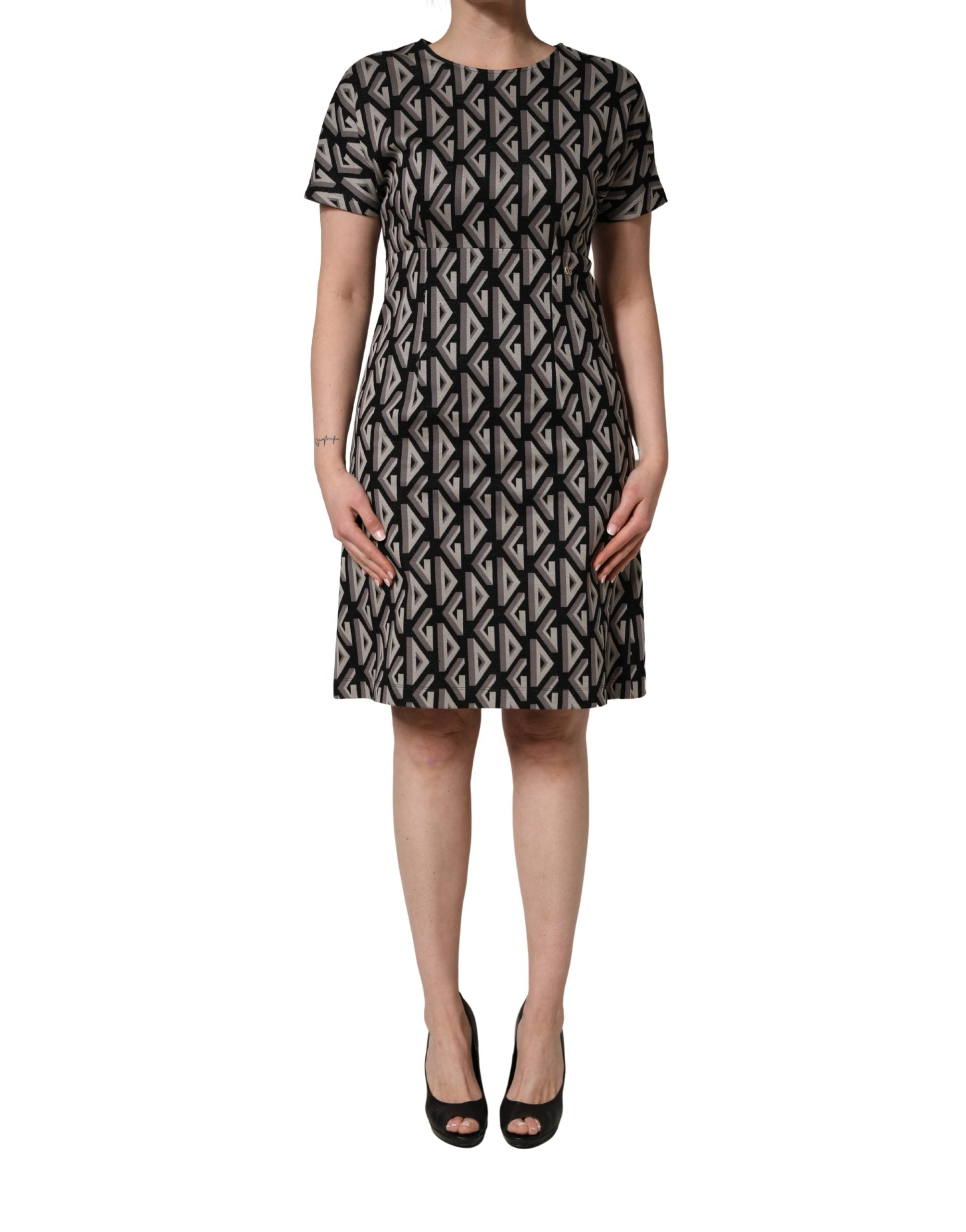 Black Logo Print Cotton Knee Length Dress