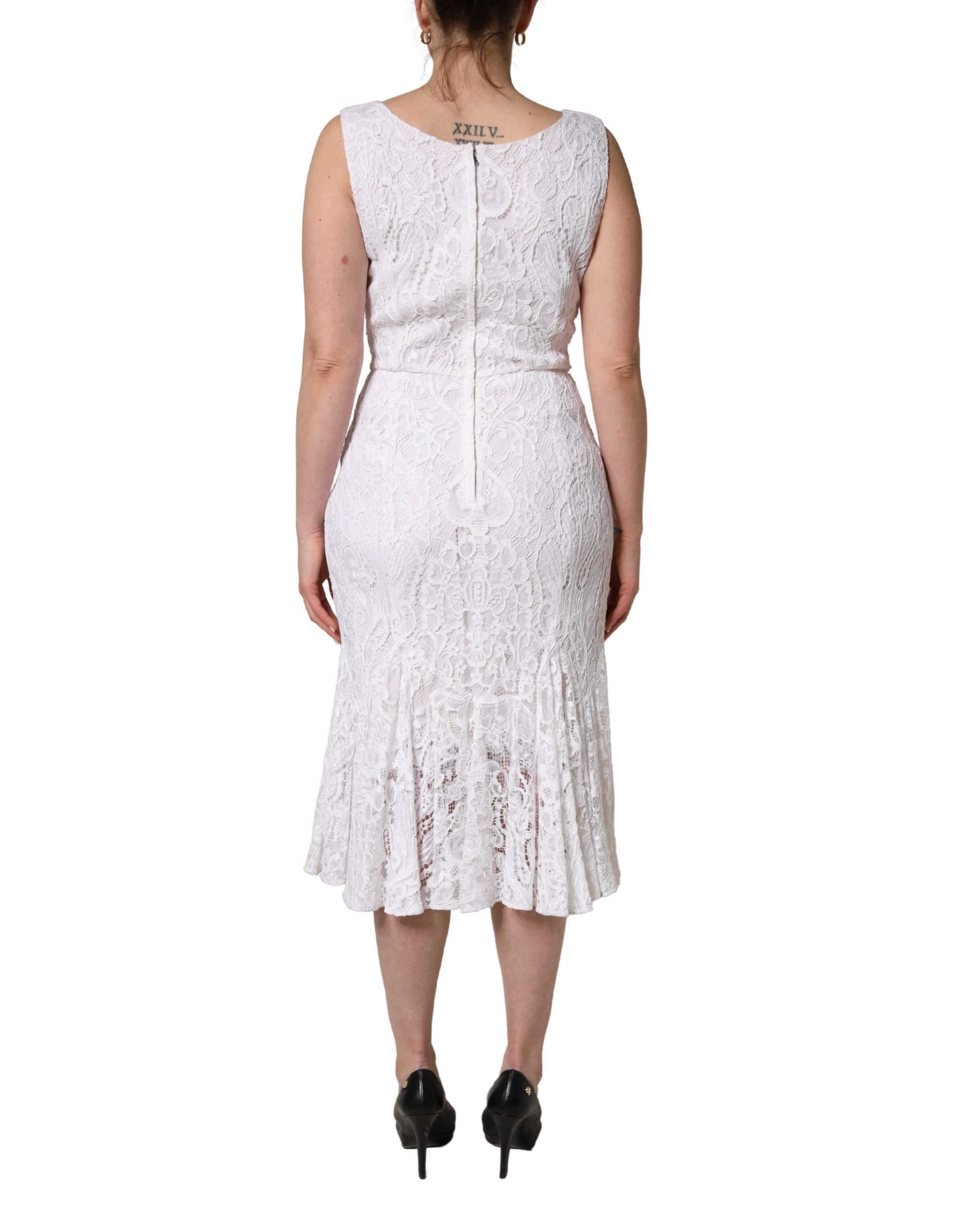 White Floral Lace Sleeveless Midi Dress