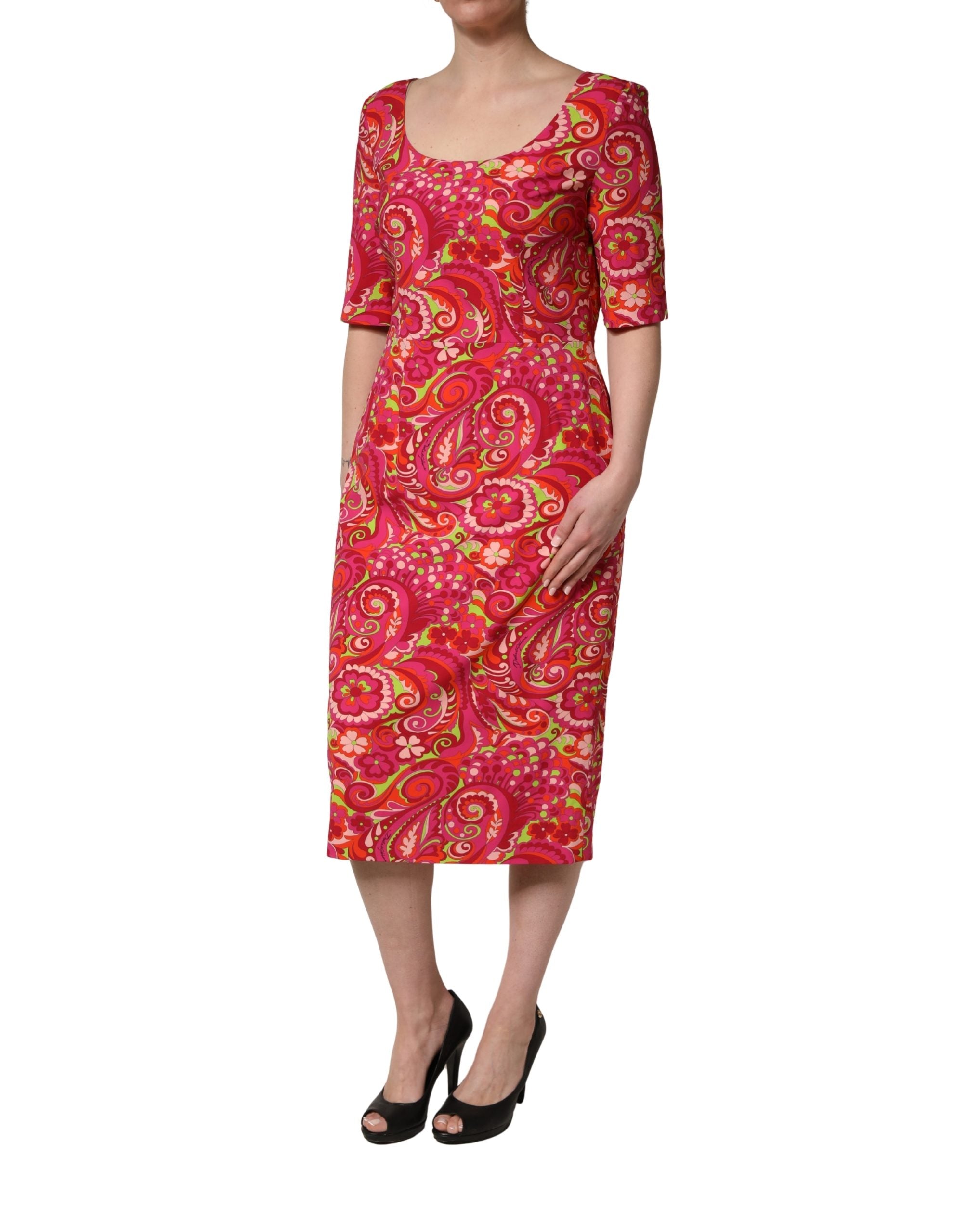 Red Paisley Floral Print Sheath Midi Dress