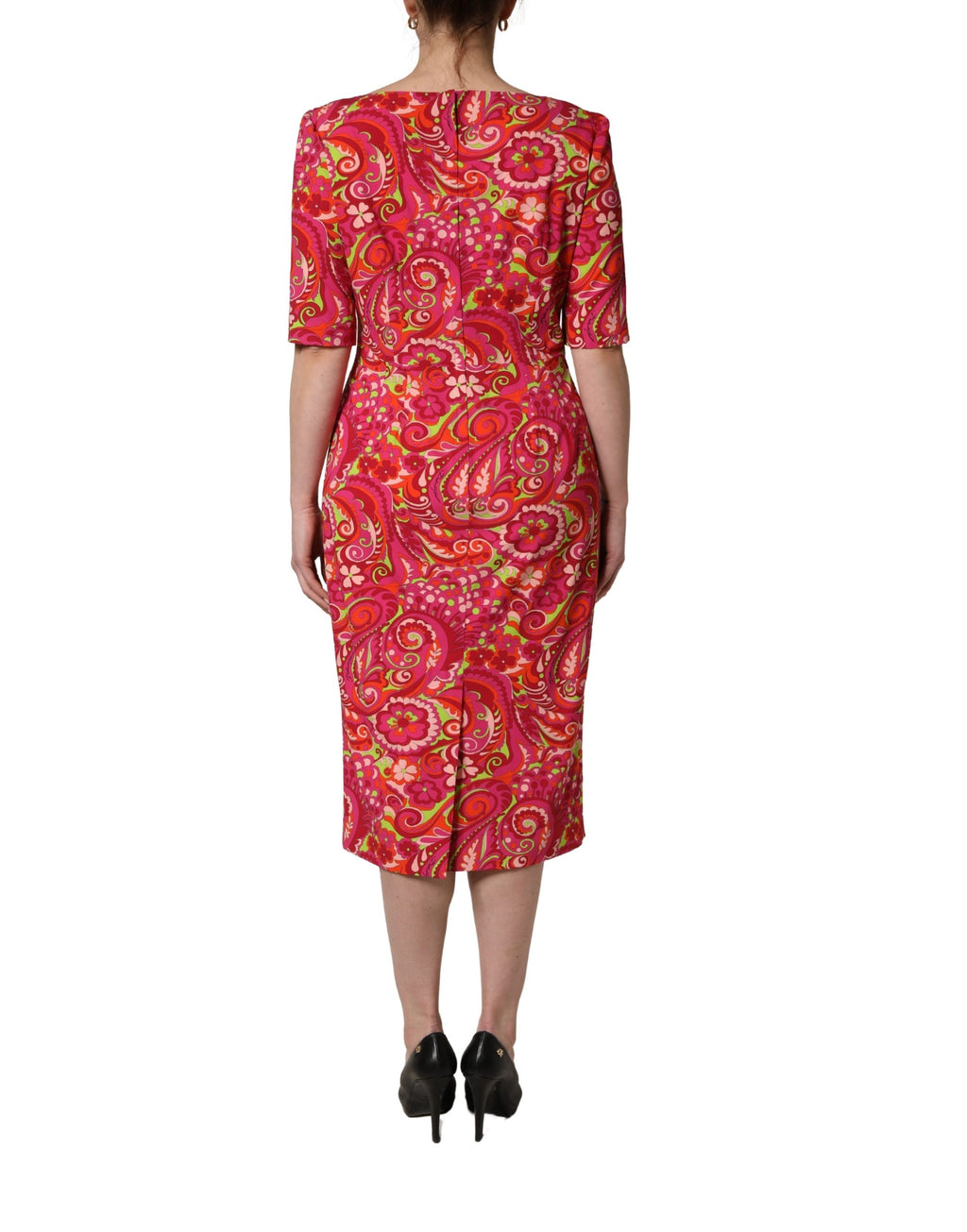 Red Paisley Floral Print Sheath Midi Dress