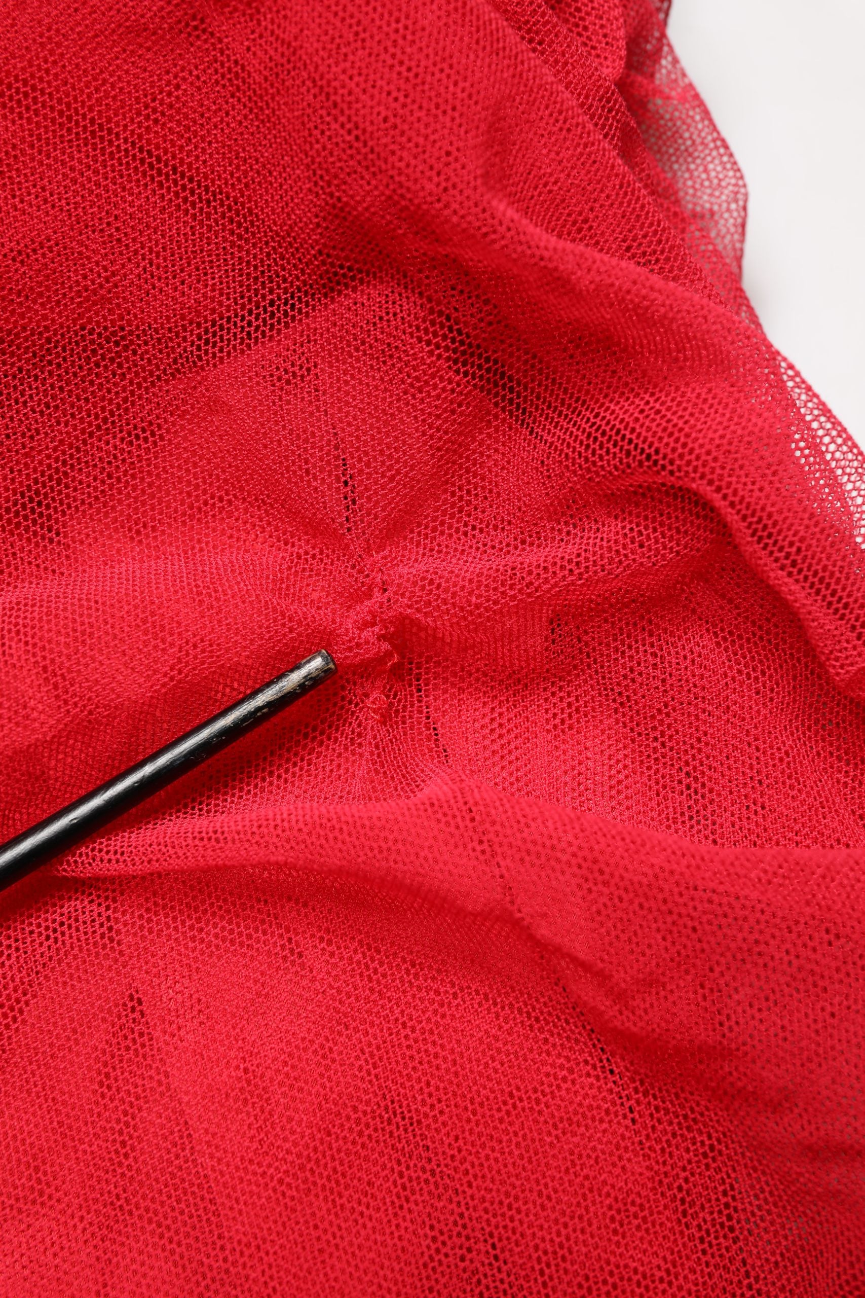 Red Cotton Ruched Stretch Tulle Midi Dress