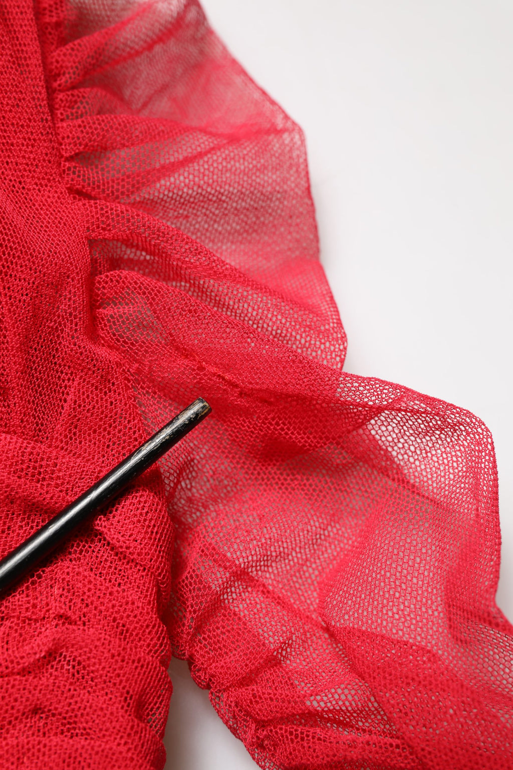 Red Cotton Ruched Stretch Tulle Midi Dress