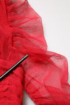 Red Cotton Ruched Stretch Tulle Midi Dress