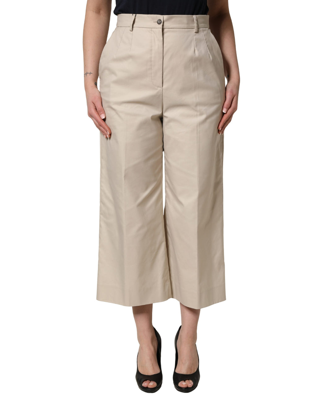Beige Cotton Mid Waist Cropped Trouser Pants