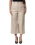 Beige Cotton Mid Waist Cropped Trouser Pants