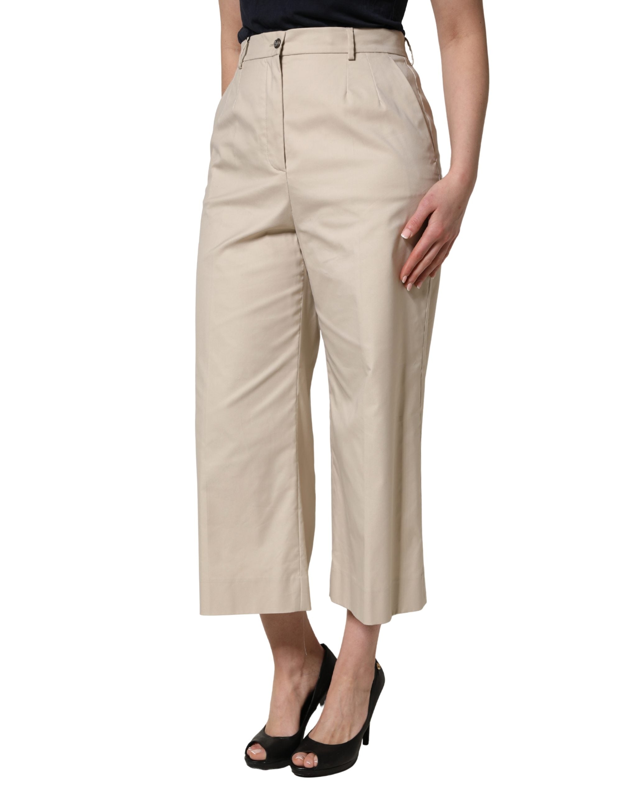 Beige Cotton Mid Waist Cropped Trouser Pants