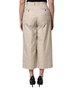 Beige Cotton Mid Waist Cropped Trouser Pants
