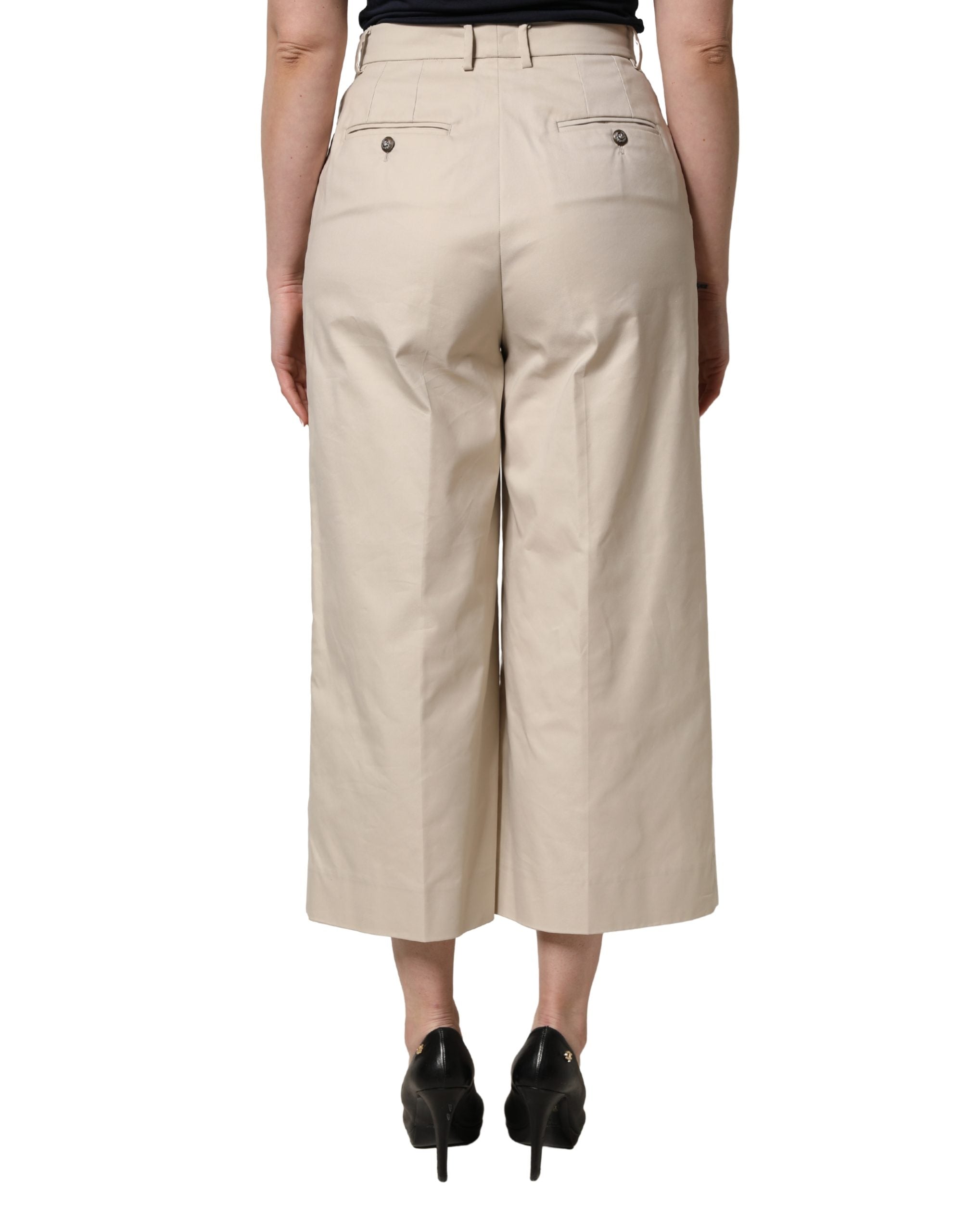 Beige Cotton Mid Waist Cropped Trouser Pants