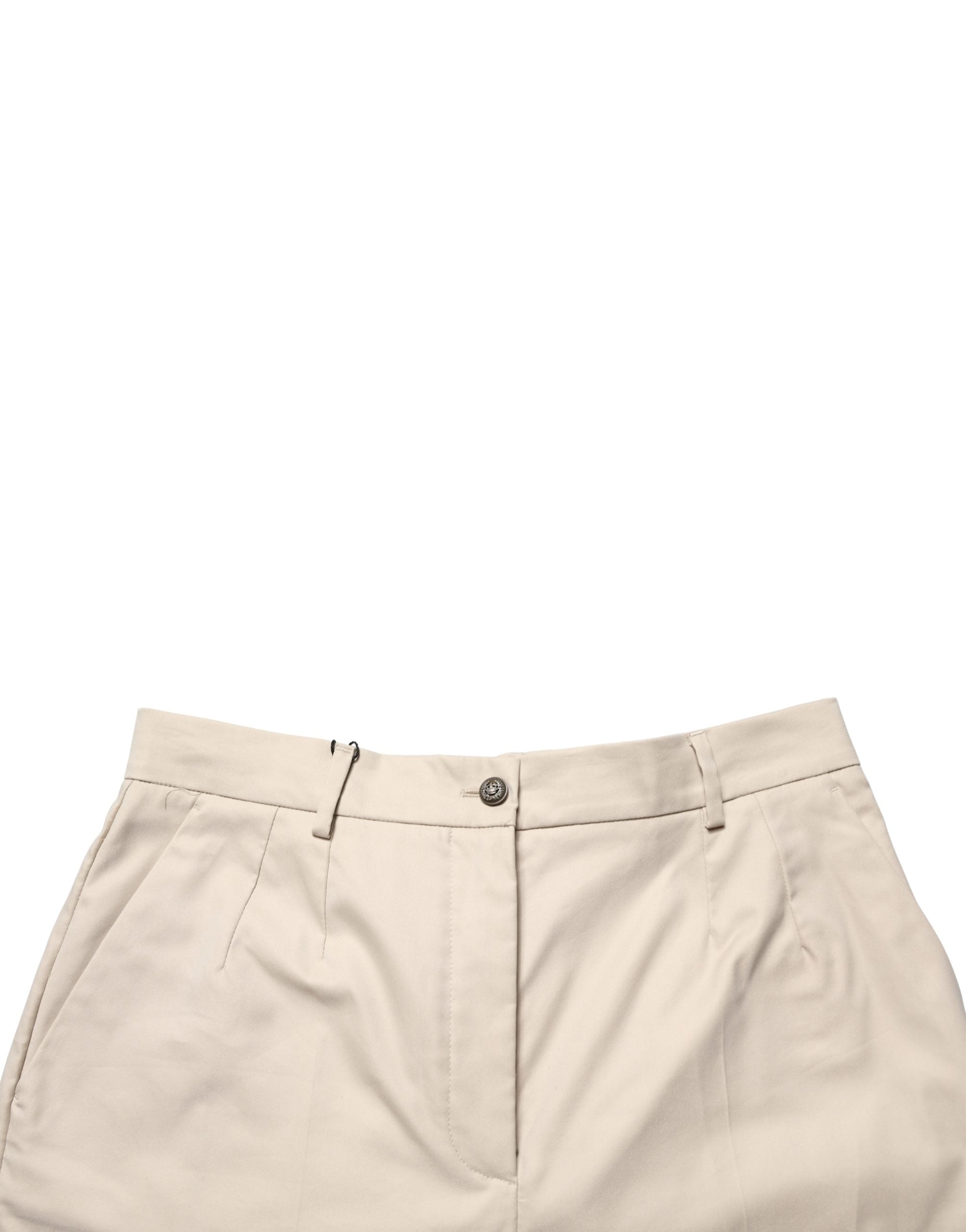 Beige Cotton Mid Waist Cropped Trouser Pants