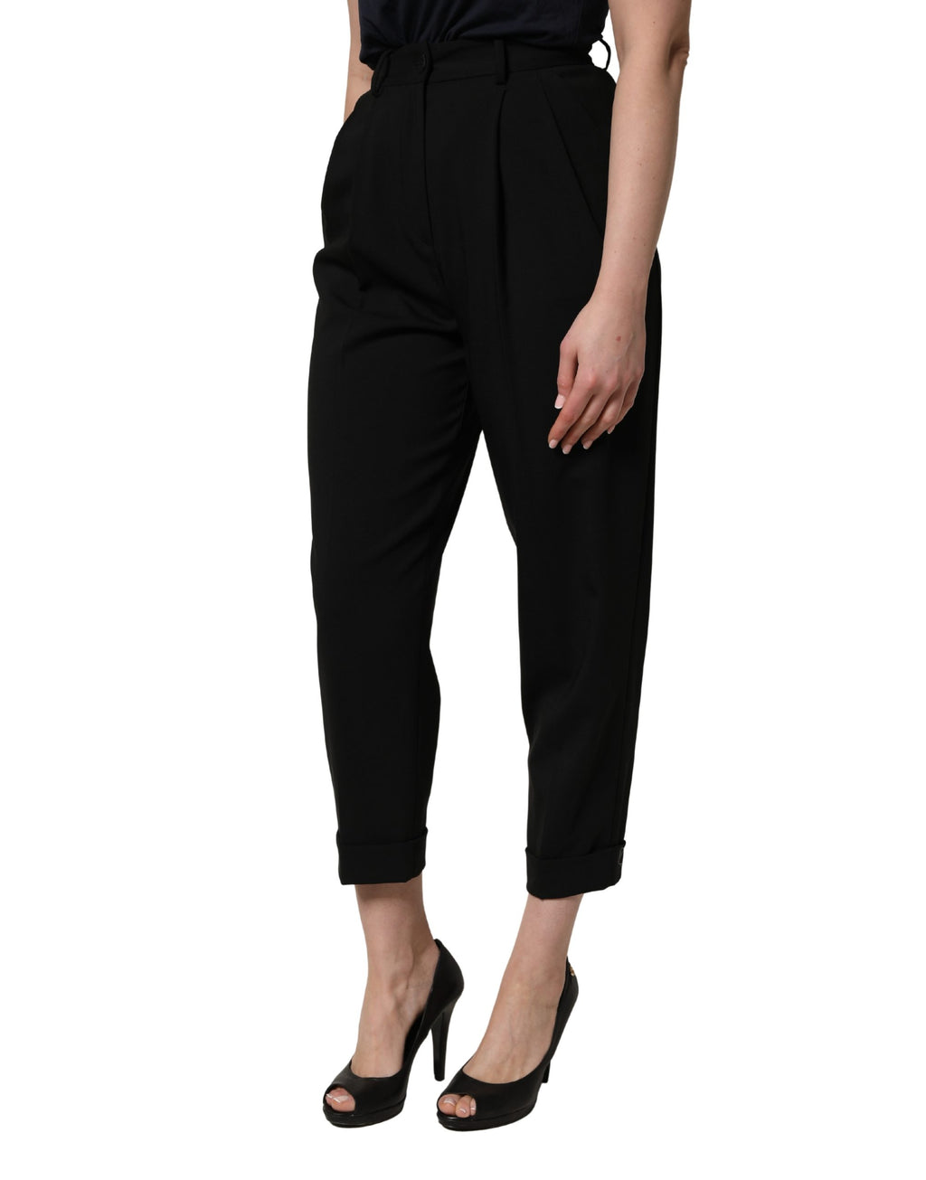 Black Wool High Waist Cropped Trouser Pants