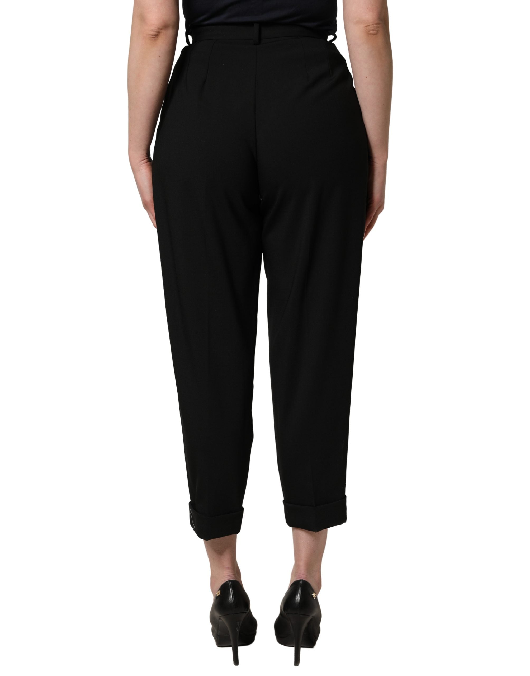 Black Wool High Waist Cropped Trouser Pants