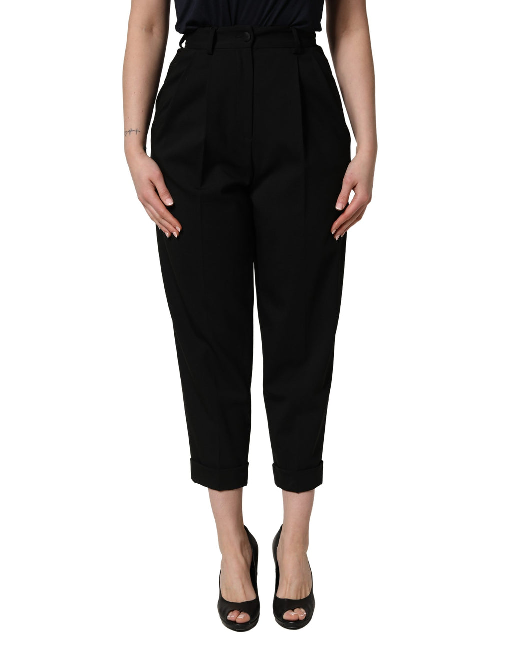 Black Wool High Waist Cropped Trouser Pants