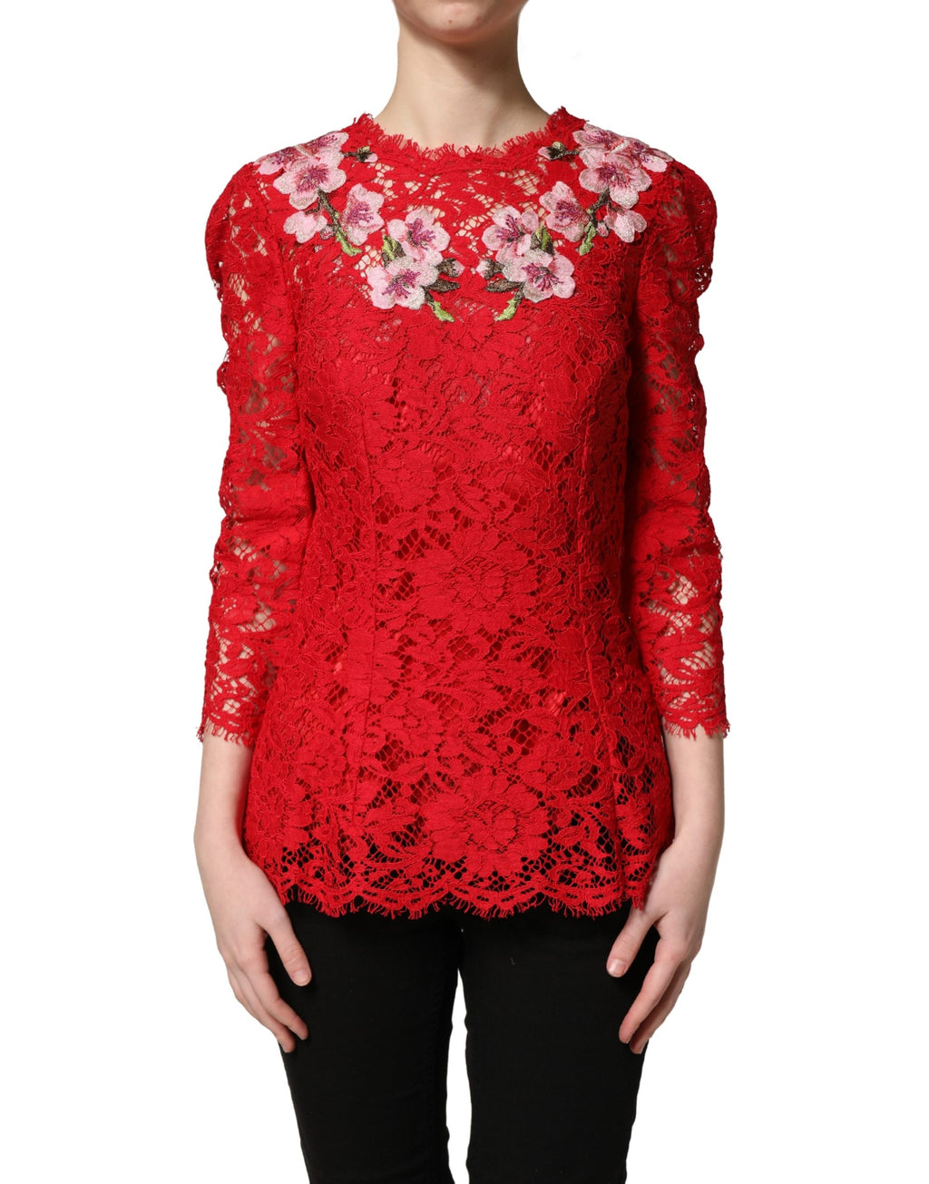 Red Lace Floral Embroidery Long Sleeves Top