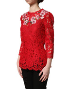 Red Lace Floral Embroidery Long Sleeves Top