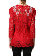 Red Lace Floral Embroidery Long Sleeves Top