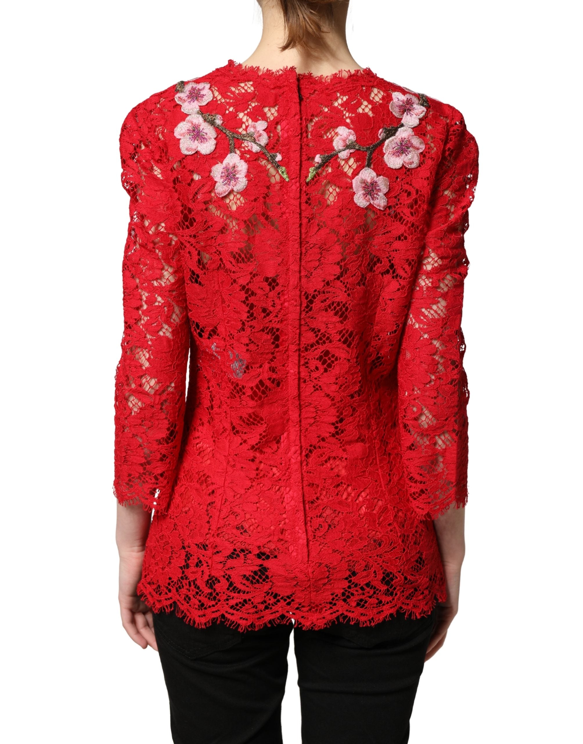 Red Lace Floral Embroidery Long Sleeves Top