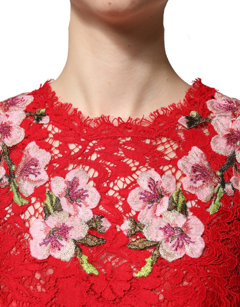 Red Lace Floral Embroidery Long Sleeves Top