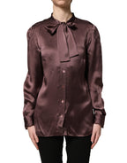 Violet Satin Long Sleeve Ascot Tie Shirt Top