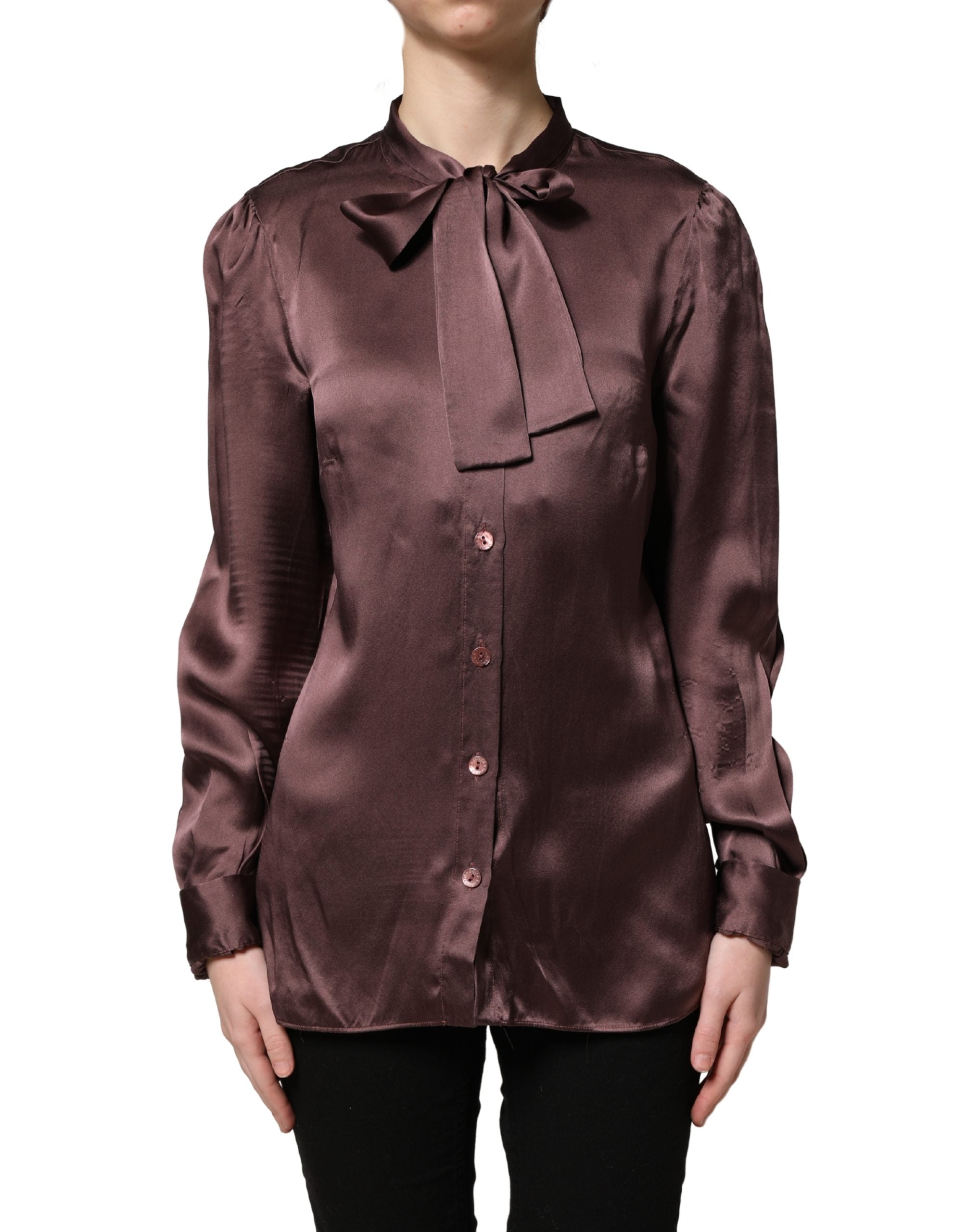 Violet Satin Long Sleeve Ascot Tie Shirt Top