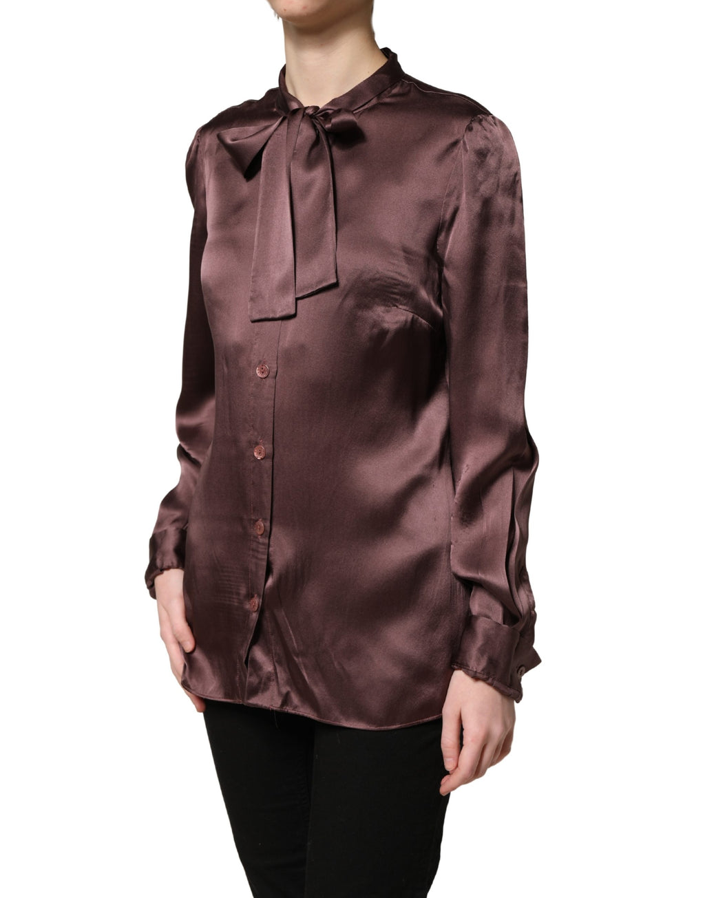 Violet Satin Long Sleeve Ascot Tie Shirt Top