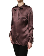 Violet Satin Long Sleeve Ascot Tie Shirt Top