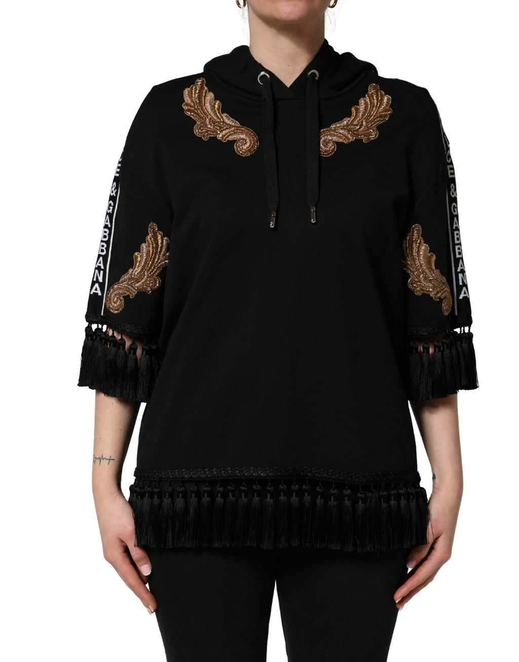Black Embroidered Tassel Hooded Sweatshirt Sweater