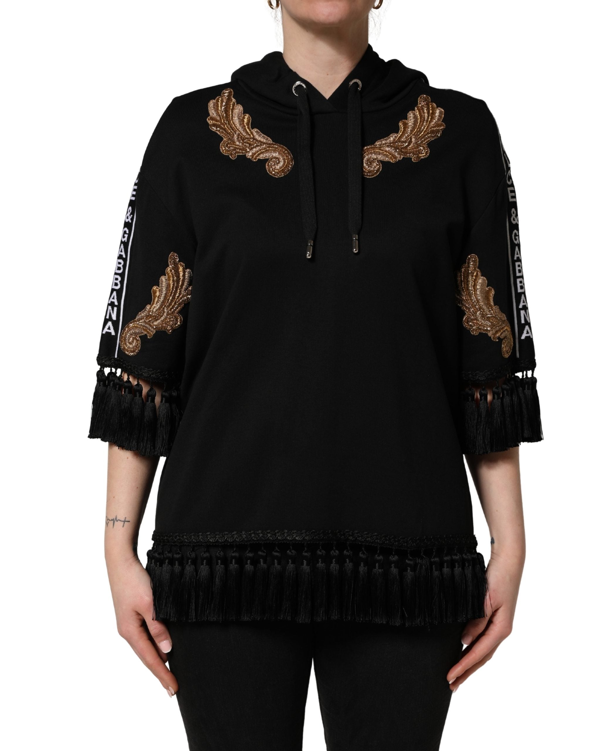 Black Embroidered Tassel Hooded Sweatshirt Sweater