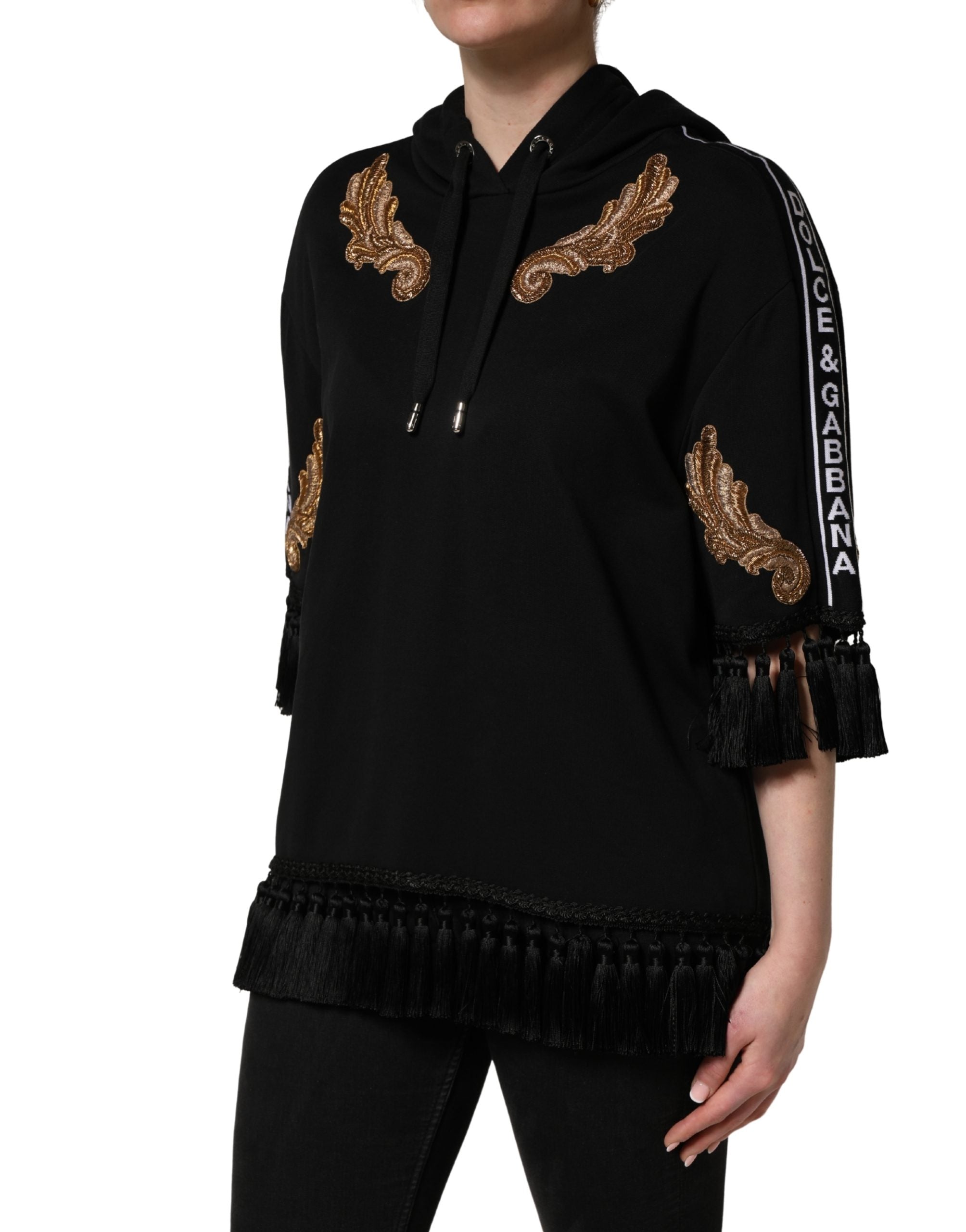 Black Embroidered Tassel Hooded Sweatshirt Sweater