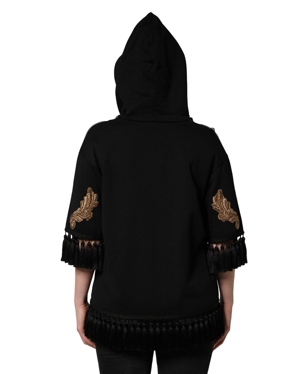 Black Embroidered Tassel Hooded Sweatshirt Sweater
