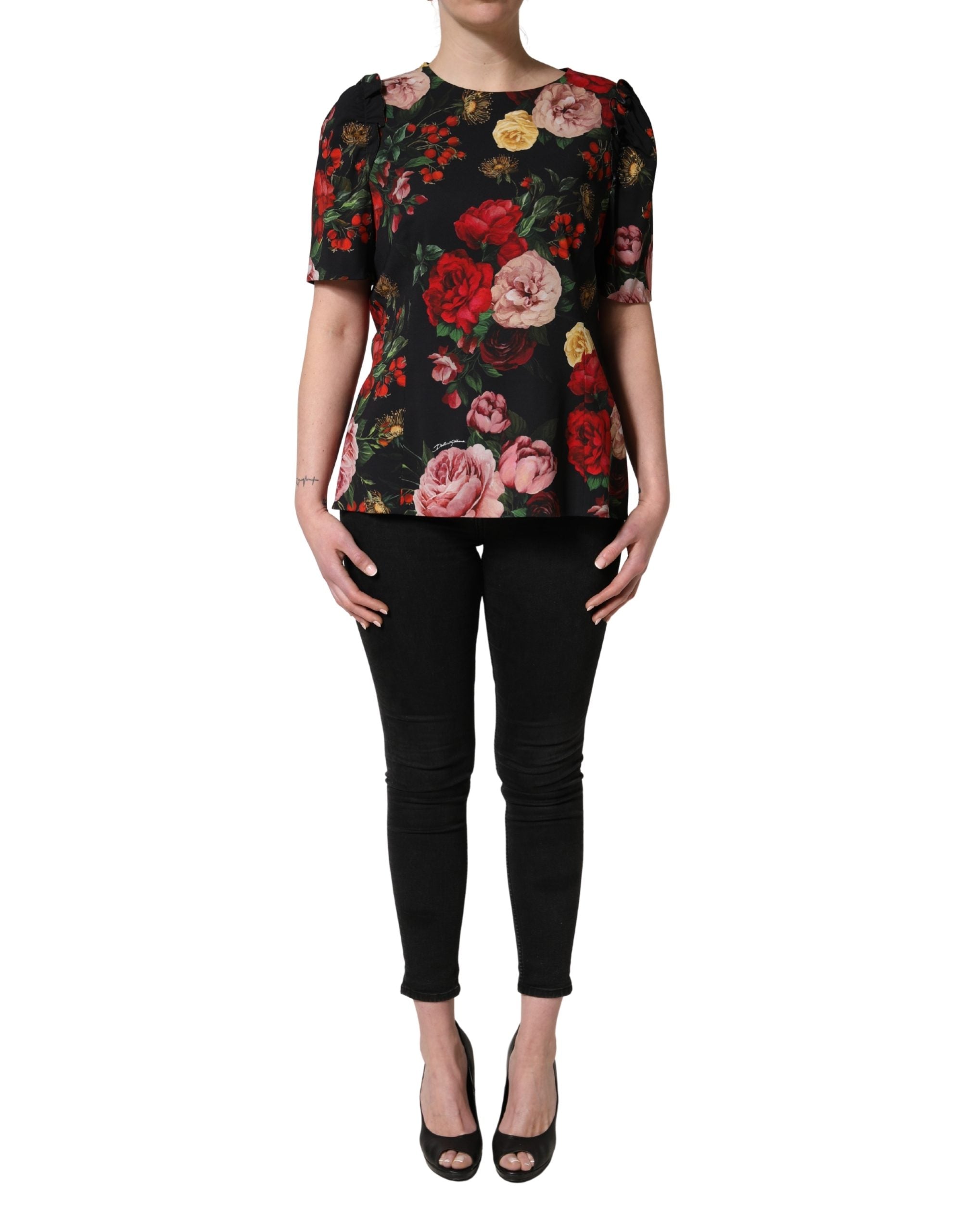 Black Floral Crepe Frill Detail Blouse Top