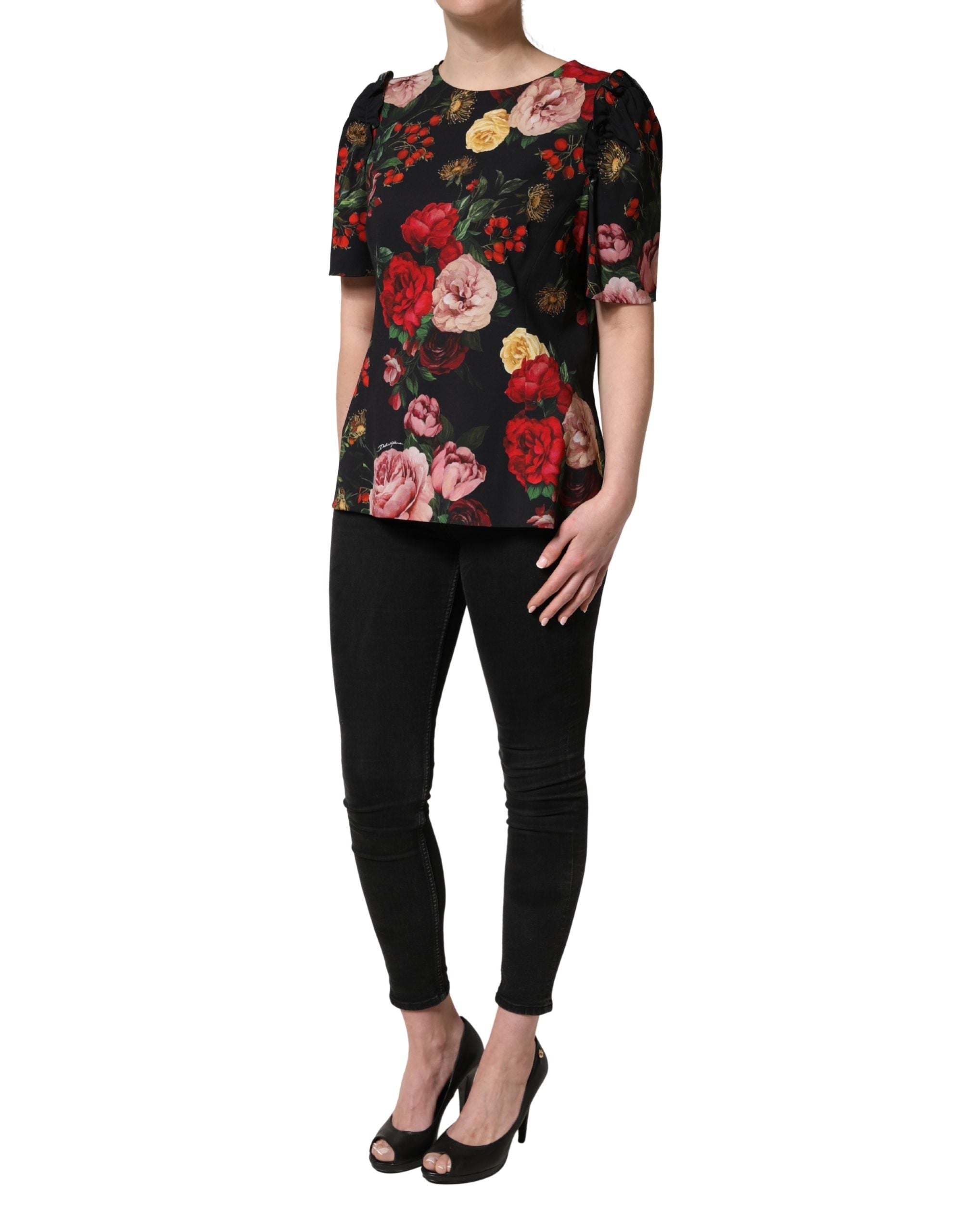 Black Floral Crepe Frill Detail Blouse Top