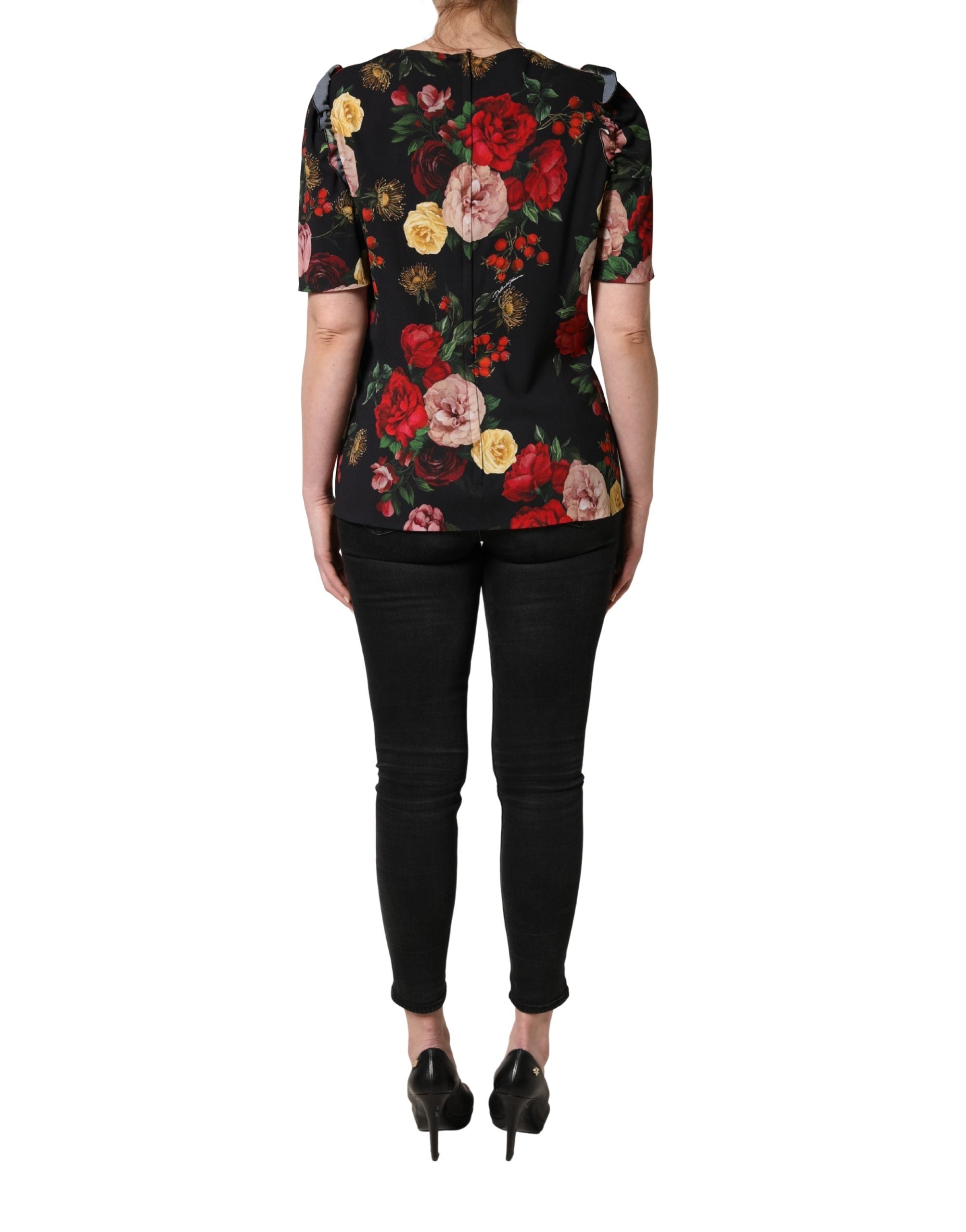 Black Floral Crepe Frill Detail Blouse Top