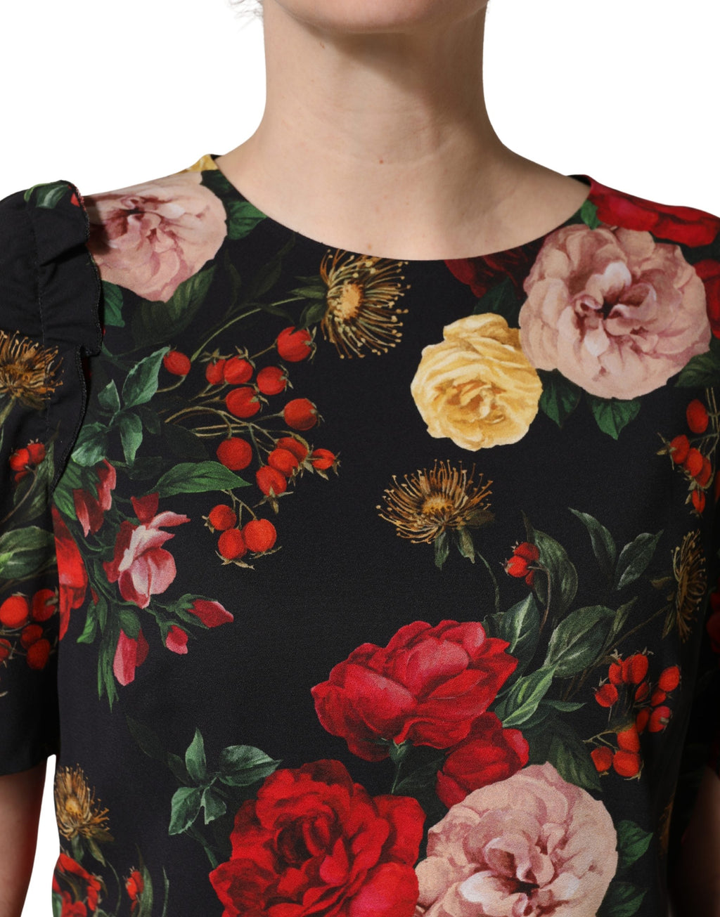 Black Floral Crepe Frill Detail Blouse Top