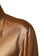 Gold Tone SatinFinish Silk Collared Shirt Top