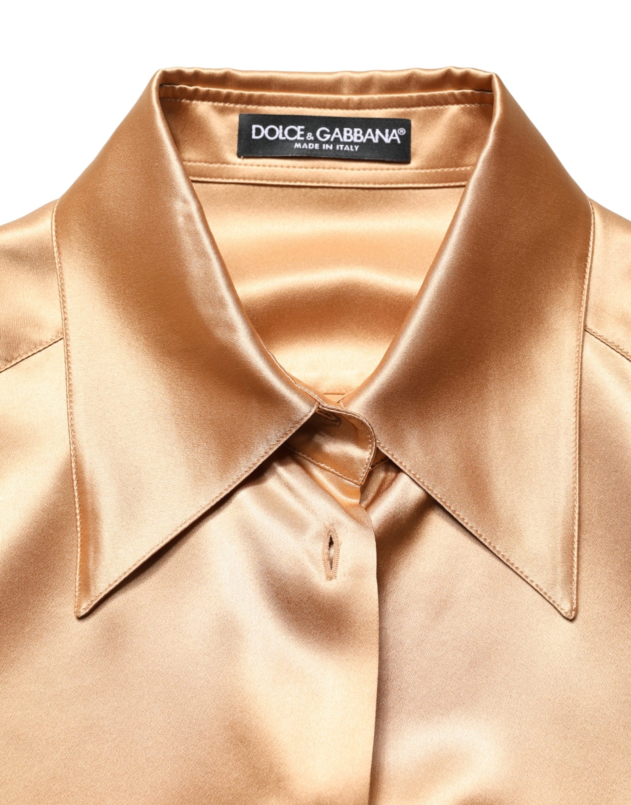 Gold Tone SatinFinish Silk Collared Shirt Top