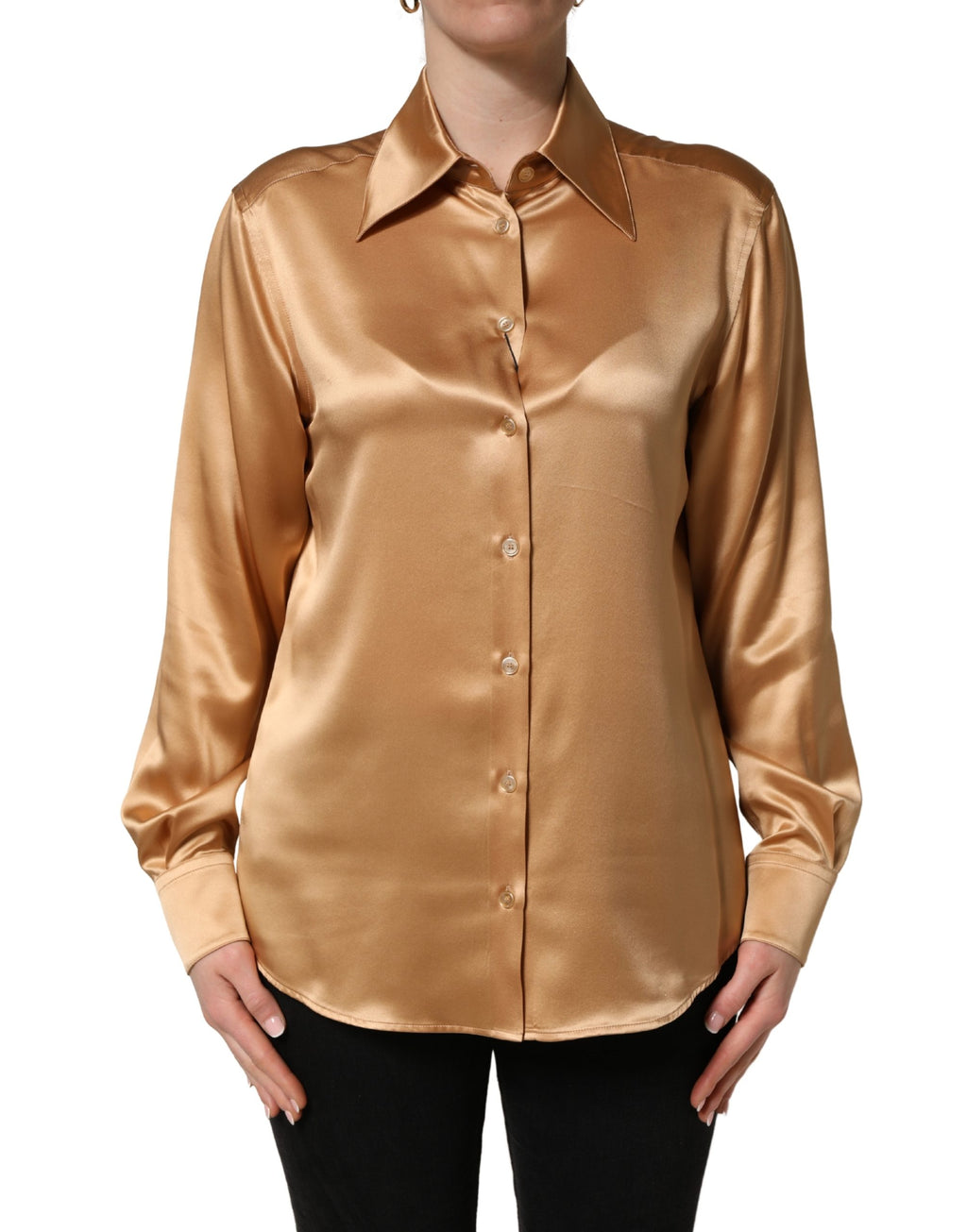 Gold Tone SatinFinish Silk Collared Shirt Top