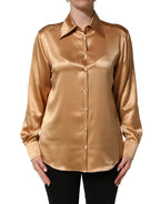 Gold Tone SatinFinish Silk Collared Shirt Top