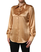 Gold Tone SatinFinish Silk Collared Shirt Top