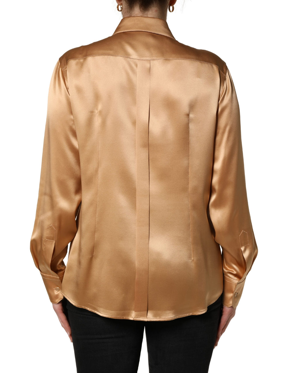 Gold Tone SatinFinish Silk Collared Shirt Top