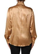 Gold Tone SatinFinish Silk Collared Shirt Top